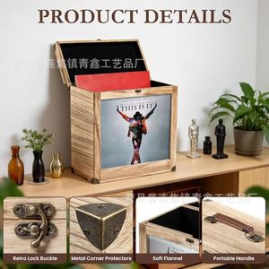 Wooden Flip Top Storage Box Rectangle With Display Window Cd Vinyl <b>Record</b> Storage Box <b>Standing</b> Type Wood Grain Pattern Qx615 - Product Image 3