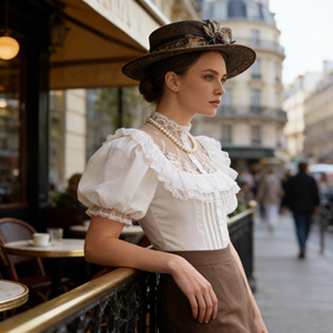 T-shirt pour femme de style victorien personnalisable, élégant et féminin, col haut, manches bouffantes à volants avec accent en tulle léger - Product Image 1