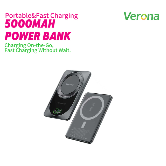 Verona 5000mAh 20W Magnetic Wireless Portable Power Bank Universal Led Display GaN Tech Fast Charging Holder Type-C ABS Material