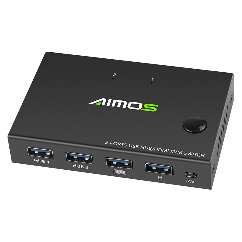 AIMOS Switch HDMI KVM 2 Porte – 4K@30Hz Con Hub USB 2.0, Commutazione A Pulsante (senza Tasti Rapidi)
