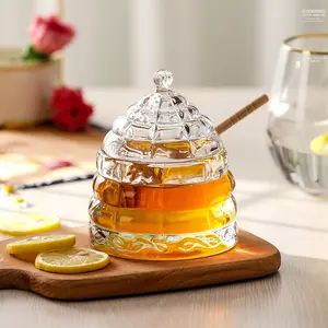 Conteneur vide de stockage transparent en forme de ruche, pot en verre en nid d'abeille en cristal avec dipper en bois, vente en gros