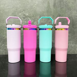 Vaso térmico de acero inoxidable de 30 oz con aislamiento al vacío, chapado en arcoíris, con asa y pajita abatible para sublimación - Product Image 1