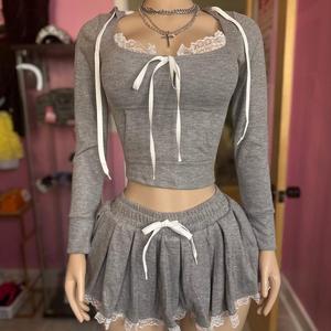 Latest Hooded Long Sleeve Lace <b>Patchwork</b> Mini Sports Pleated <b>Skirt</b> Women Sets Fashion - Product Image 4
