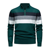 Pull chaud en tricot épais 100 % polyester pour homme, taille européenne, avec demi-fermeture éclair, rayures et blocs de couleur, mode automne/hiver