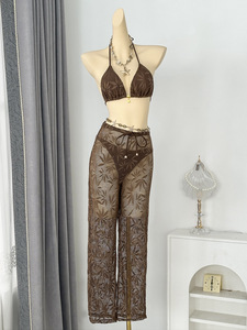 Conjunto de Pantalones de Encaje Geométrico de Cintura Alta para Mujer, Bralette Transpirable sin Varillas, Spandex, Poliéster, Estilo Cómodo - Product Image 5