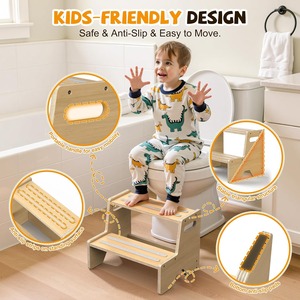 พร้อมแผ่นกันลื่นและที่จับเพื่อความปลอดภัย บันไดเด็กเล็ก 2 ขั้น ทำจากไม้แข็งแรง พร้อมพื้นผิวกันลื่น - Product Image 1