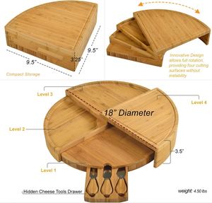 Planche à fromage ronde en bambou gravée sur mesure, plateau à charcuterie pivotant en bambou avec ensemble de couteaux - Product Image 4