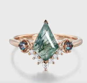 925 Sterling Zilveren Vlieger Gesneden Mos Agaat Fijne Sieraden Rose Goud Plating Alexandriet Ring Groene Mos Agaat Verlovingsring