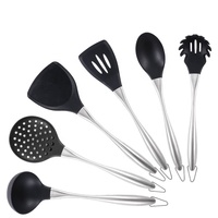 Ensemble d'ustensiles de cuisine en acier inoxydable spatule en silicone antiadhésive cuillère à soupe durable écumoire outil de cuisson au bois écologique friture sûre