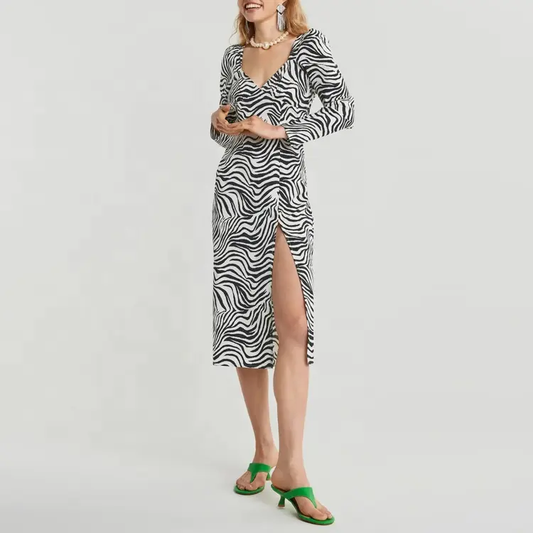 Womens Dresses 2021 Trending Zebra Striped Printed Women Party Dress Long Sleeve Women Evening Dresses for Party