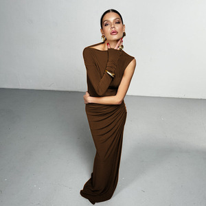 Vestido de noche de manga larga con abertura y un solo hombro para mujer, elegante, ajustado, de color liso, con diseño de abertura, largo completo. - Product Image 2