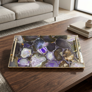 Plateau de service rectangulaire en agate violette fait main avec poignées métalliques et bord doré, idéal pour la table basse, la cuisine et la décoration intérieure - Product Image 1