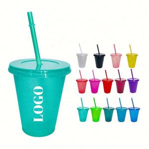 Custom Logo Food Grade 16Oz Plastic Beer Juice <b>Drinking</b> Tumbler Cups Reusable With Straws & <b>Glitter</b> Surface <b>for</b> Camping - Product Image 1