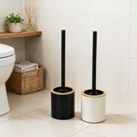 Brosse de toilette avec support – Ensemble de nettoyage moderne pour salle de bain – Support cylindrique avec bord en bois naturel – Brosse de nettoyage de toilettes