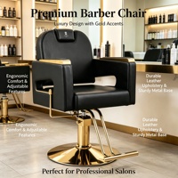Fauteuil de Barbier de Luxe Doré Robuste Hydraulique Inclinable pour Salon de Coiffure avec Revêtement en Cuir Noir et Pivotant Réglable