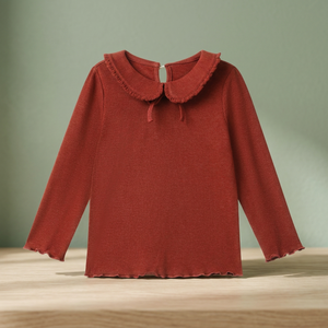Chemises en coton tricoté pour filles, collection Printemps 2026, en mousseline de coton rouge uni, col pull, pour bébés et jeunes enfants - Product Image 3