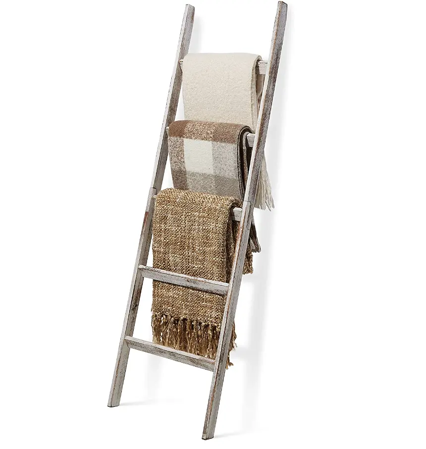 Farmhouse Home Decor Easy Assembly White Washed Rustic 5ft Wood Blanket Ladder