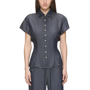 <span class=keywords><strong>Blusa</strong></span> de Mezclilla Tencel Azul Oscuro Vintage para Mujer, Cuello Camisero, Manga Corta, Corte Corsé, Abotonada, para Uso Diario Informal - Product Image 1