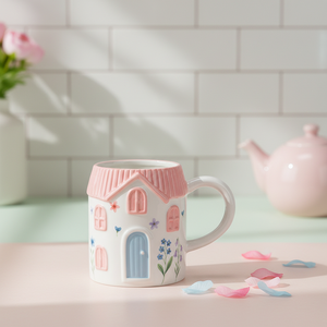 Affascinante Tazza in Ceramica a Forma di Casa con Tetto Rosa, Porta Blu e Decorazioni Floreali, Regalo Tematico per la Casa - Product Image 6