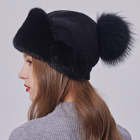 Bonnets en laine angora avec bord entier en fourrure de vison Chapeaux en fourrure d'hiver Bonnet tricoté chaud pour femmes Casquettes élégantes en forme de crâne