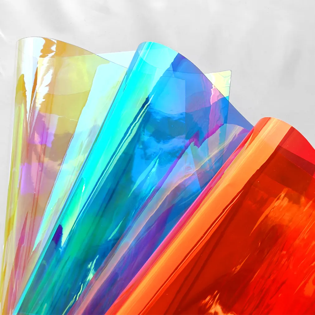 Cina arcobaleno pvc pellicola di plastica rotolo trasparente in PVC iridescente pellicola per la creazione di arco porta ombrello olografico pvc 0.4mm