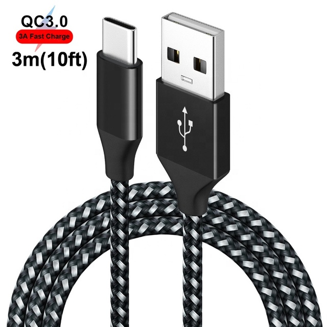 3m 10ft Length New Nylon Braided QC3.0 3A USB-C Type-C Quick Charging Charger Data Cable for Mobile Phone Tablet With USB-C Port