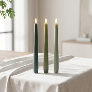 Wedding Decor <strong>Set</strong> of 3 Distressed Wax Green LED <strong>Candle</strong> <strong>Set</strong> Conical Flameless Taper <strong>Candle</strong> with 3D Real Flame - Product Image 1