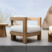 Chaise longue en teck avec table basse, construction en bois massif, coussin en tissu résistant aux intempéries, couleur personnalisable pour balcon et jardin