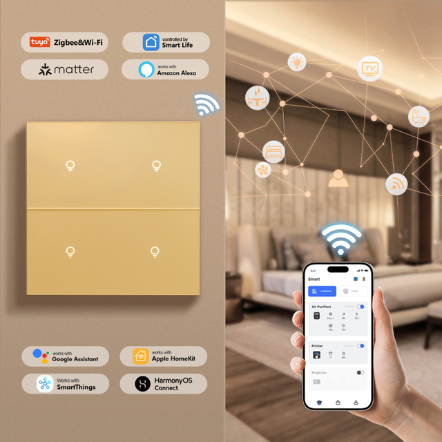Smart Wall Switch UK Compatible Tuya Wi-Fi Zigbee 3.0 Works with Alexa Google Voice Control 1 2 3 4 Gang for Smart Home Office