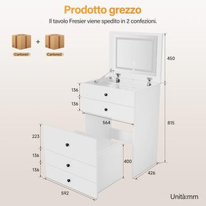 Specchio Pieghevole Bianco 2-in-1 con Luci per Toilette, Cassetti per Camera da Letto, Mobile da Bagno, Design con Sgabello 60x83x45cm - Product Image 3