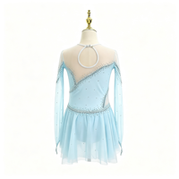Robe de patinage artistique bleu ciel pour enfants et adultes, robe en tulle à manches longues avec strass pour compétition et spectacle de patinage sur glace