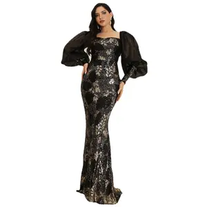 Wholesale Women Black Sequin Lace Evening Dresses Elegant Lady Lantern Sleeve Gala Long Prom Gown Mermaid Bodycon Birthday Wear