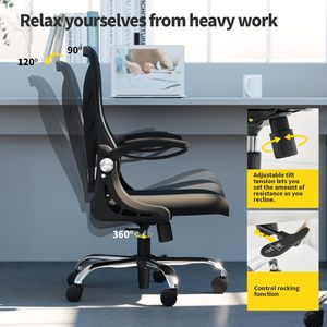 Chaise de bureau ergonomique à <span class=keywords><strong>dossier</strong></span> haut en maille, avec <span class=keywords><strong>dossier</strong></span> et accoudoirs pliables, support lombaire en maille, fonction d'inclinaison, noir - Product Image 4