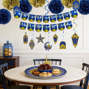 Set de Decoración para Fiesta de Ramadán 640409 - 1 Pancarta, 6 Espirales Colgantes, 6 Pompones, Tema Azul y Dorado, 13 Piezas Pequeñas de Papel - Product Image 2