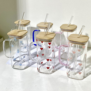 Vaso de Vidrio Cuadrado de Alta Calidad de 500 ml con Tapa para Bebidas Frías y Jugos, con Pajita para Beber - Product Image 1