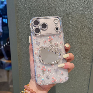 Cartoon KT <b>Cat</b> Flower Mobile Phone case for iPhone 17 Air 16 15 Pro Max Mirror Bow cute Camera Frame glass 3D Diamond back Cover - Product Image 3