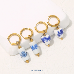 Pendientes de Porcelana Pintados a Mano |   Pendientes de Aro de Acero Inoxidable con Baño de Oro PVD de 18K y Cuentas de Cerámica |   Impermeable, Hipoalergénico y Duradero - Product Image 5