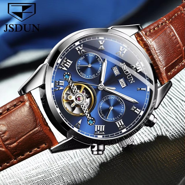 Jsdun 8908 Brand Men's Automatic Mechanical Watches Skeleton Design Luxury Leather Strap Reloj Waterproof Wristwatches for Men