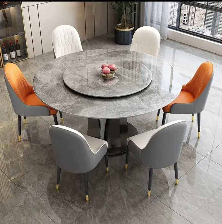 Italiano luxo luz rocha slab rodada mesa de jantar de mármore conjunto de mesa e cadeira com mesa giratória com 6seater