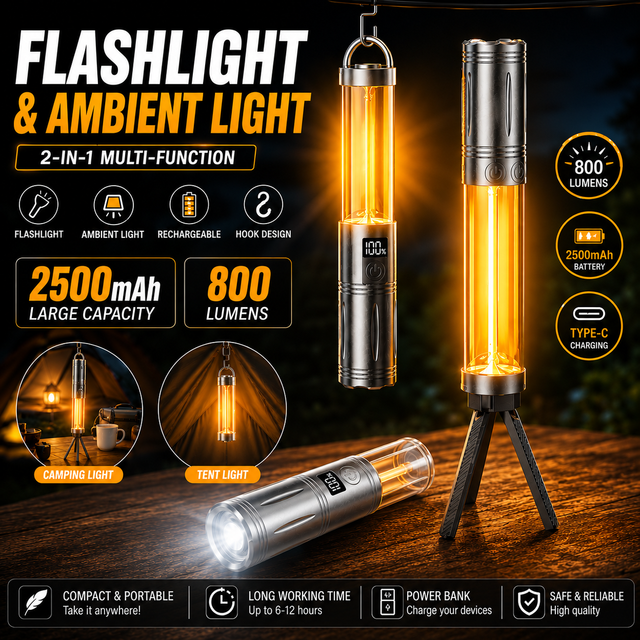 800 Lumens Type-C Rechargeable 2500mAh LED Flashlight Telescopic Zoom Adjustable Focus Torch for Camping Hiking Outdoor