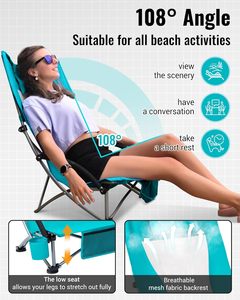 Silla de playa baja de acero, paquete doble, plegable, de respaldo alto, cómoda, extragrande, con asiento de malla transpirable, portátil, para camping, parque y hotel - Product Image 4