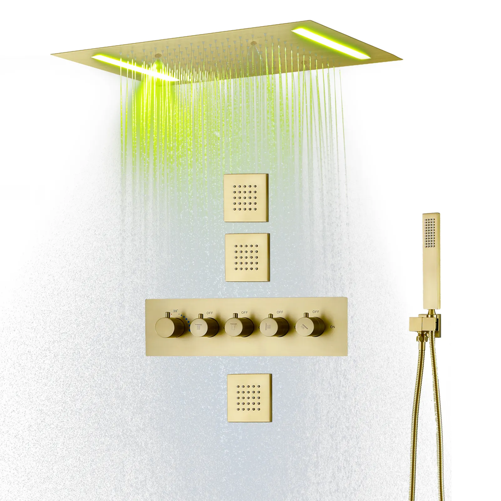 Sistema de ducha de baño de lluvia, cabezal de ducha LED montado en el techo, cuerpo de latón, chorros de Spa, termostático, oro cepillado, 14X20 pulgadas