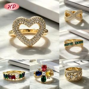 Bagues de mode en gros, bague cœur plaquée or 18 carats avec zircon pour femme, bijoux tendance, bagues en grappe - Product Image 6