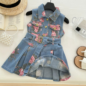 Vestido de Mezclilla de Verano para Niñas de 3 a 8 Años, con Hermosas Flores, Sin Mangas, <span class=keywords><strong>Falda</strong></span> de Mezclilla, Conjunto de Una Pieza - Product Image 3