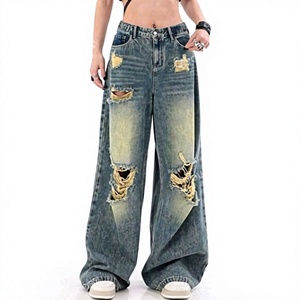 Jean large déchiré pour homme, taille haute, coupe ample, grande taille, style streetwear décontracté - Product Image 1