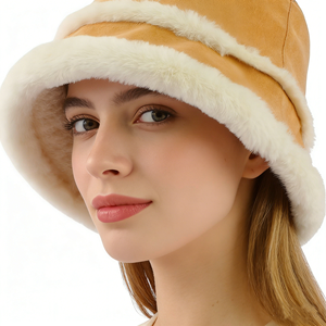 Chapeau bob en faux daim avec bordure en fourrure pelucheuse, chapeau chaud d'hiver pour femmes - Product Image 1