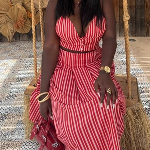 Women's <b>Sexy</b> Spaghetti Strap Top & African-Inspired Midi Skirt New Fashion Striped 2-Piece <b>Set</b> Fashion - Product Image 4