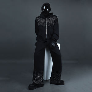 Vintage Street Style Breathable Heated 100% Cotton Winter Zip-Up Hoodie with French Terry <b>Fabric</b> 500 Gsm Distressed <b>Rhinestones</b> - Product Image 3