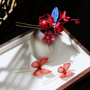 25 Épingles à Cheveux Faites à la Main de Style Antique et Nouveau Style Chinois, Motif Fleur Rouge, pour Robe de Mariée/Accessoires Cheongsam - Product Image 3