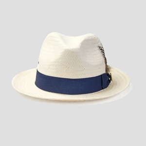 Chapeau Fedora en paille blanche avec ruban bleu et accent plume, décontracté, pour l'extérieur, unisexe, pour adultes - Product Image 2